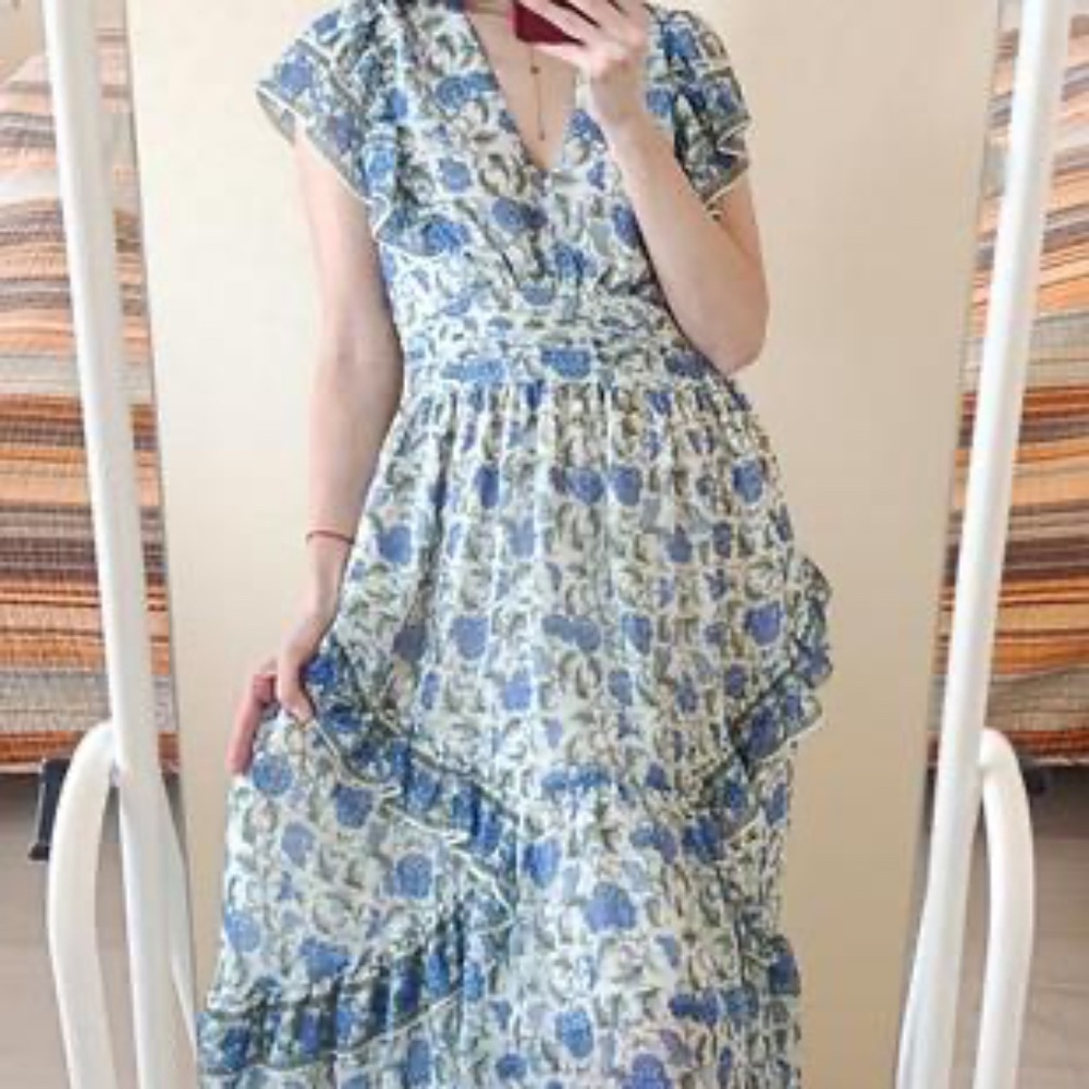 Max Studio - Blue White Floral Chiffon Maxi Dress Tiered Ruffle Smocked Size XL
